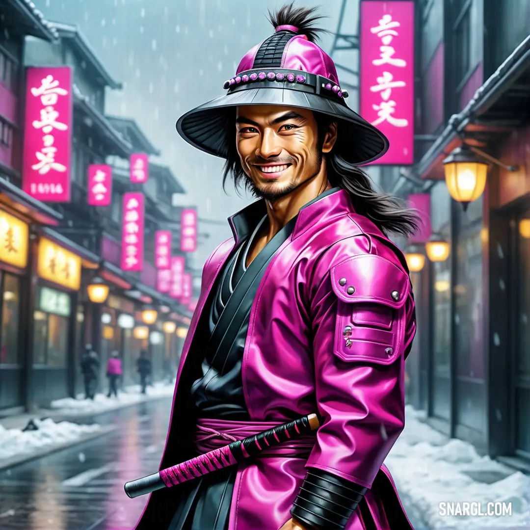Man in a pink outfit and hat holding a sword in the rain with a city street in the background. Example of Vivid cerise color.