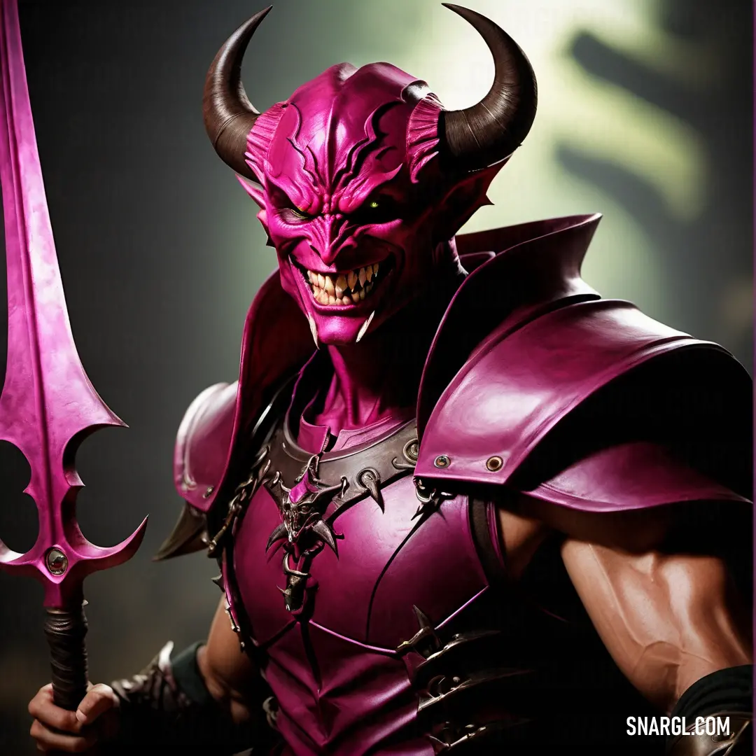 Man in a purple costume holding a purple sword and a purple demon mask on his face