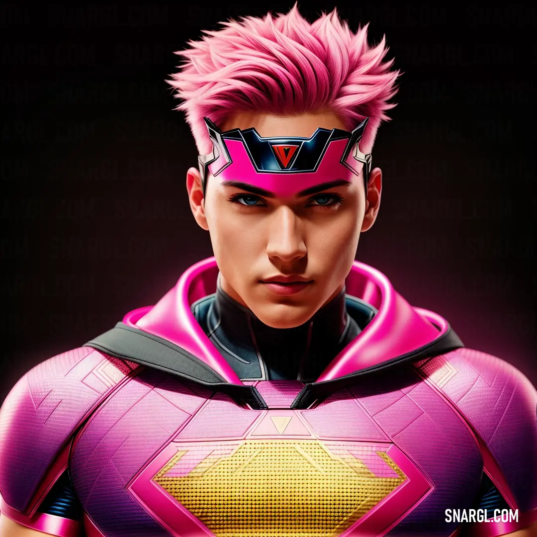 Man with pink hair and a pink suit with a yellow cape on his chest and a pink helmet on his head. Color #DA1D81.