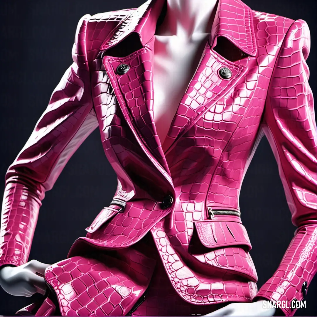 Mannequin dressed in a pink suit and hat with a black background. Color #DA1D81.