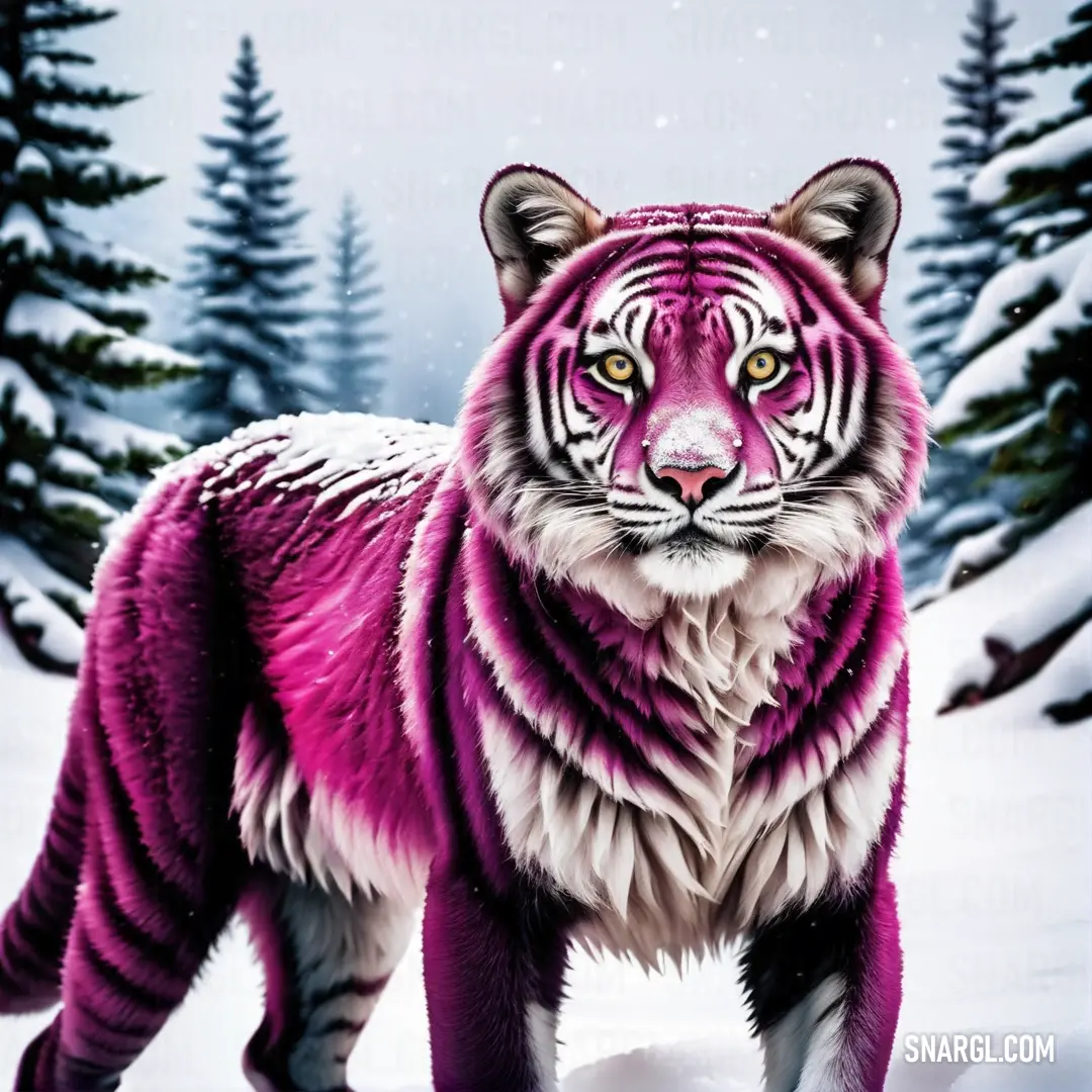 Painting of a tiger in the snow with trees in the background. Example of CMYK 0,87,41,15 color.