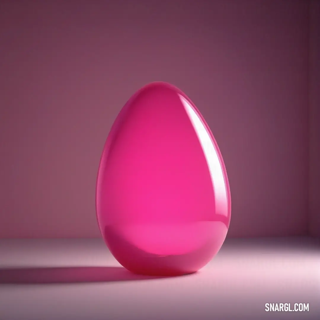 Pink egg on top of a white floor next to a wall and a window sill in a room. Color CMYK 0,87,41,15.
