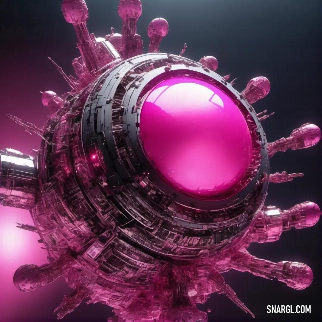 Pink object with lots of small objects on it's sides and a black background. Example of RGB 218,29,129 color.