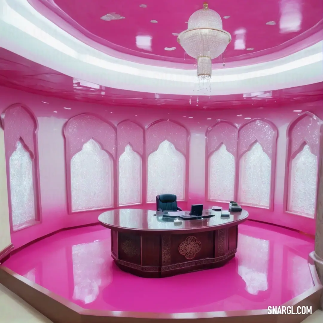Pink room with a desk and chairs in it and a chandelier hanging from the ceiling above. Example of CMYK 0,87,41,15 color.