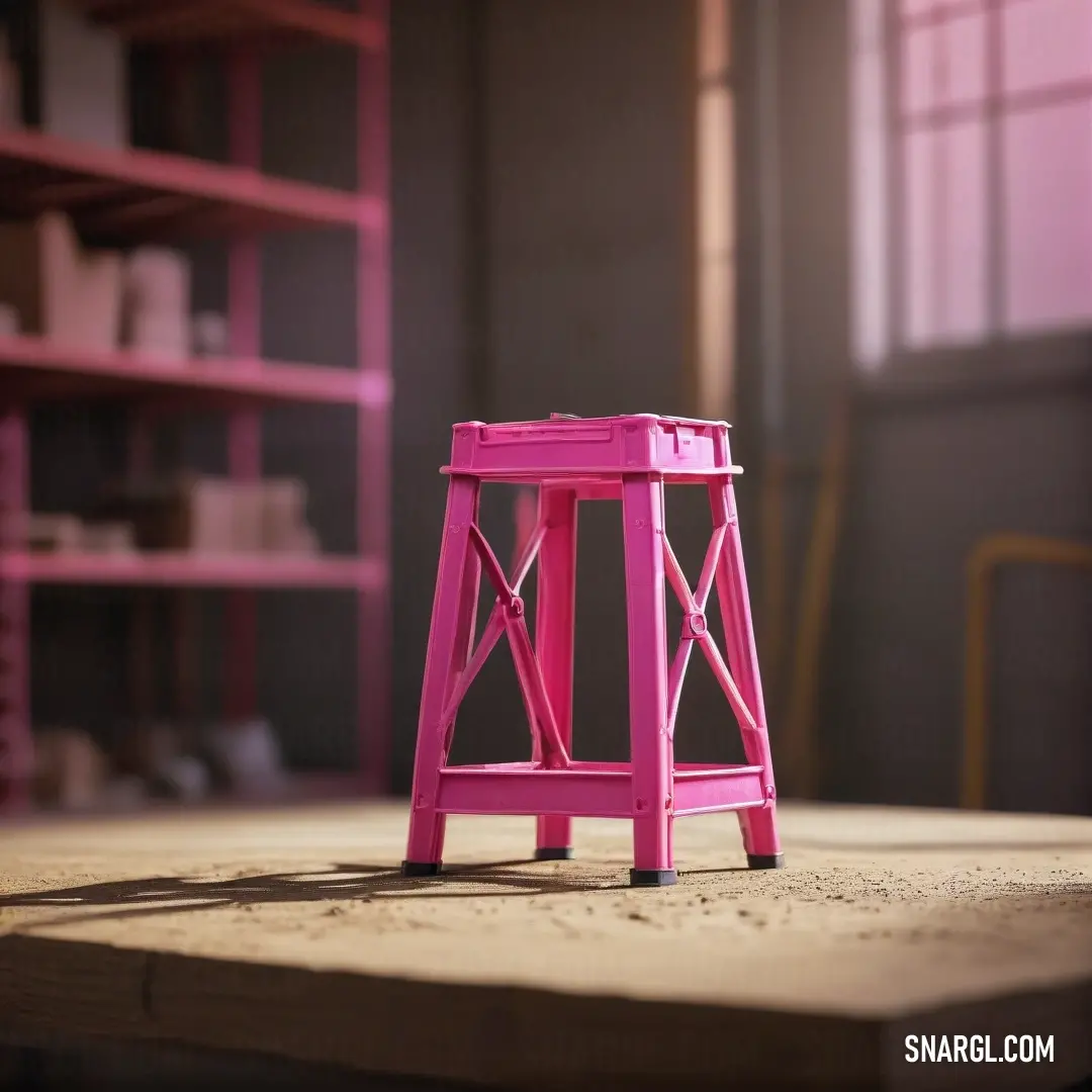 Vivid cerise color example: Pink stool on top of a wooden table in a room with shelves and a window in the background