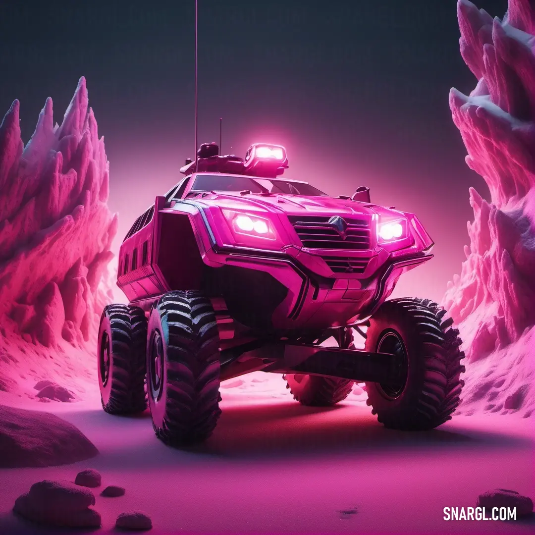 Pink vehicle with lights on driving through a desert landscape with ice formations and rocks on either side of the vehicle