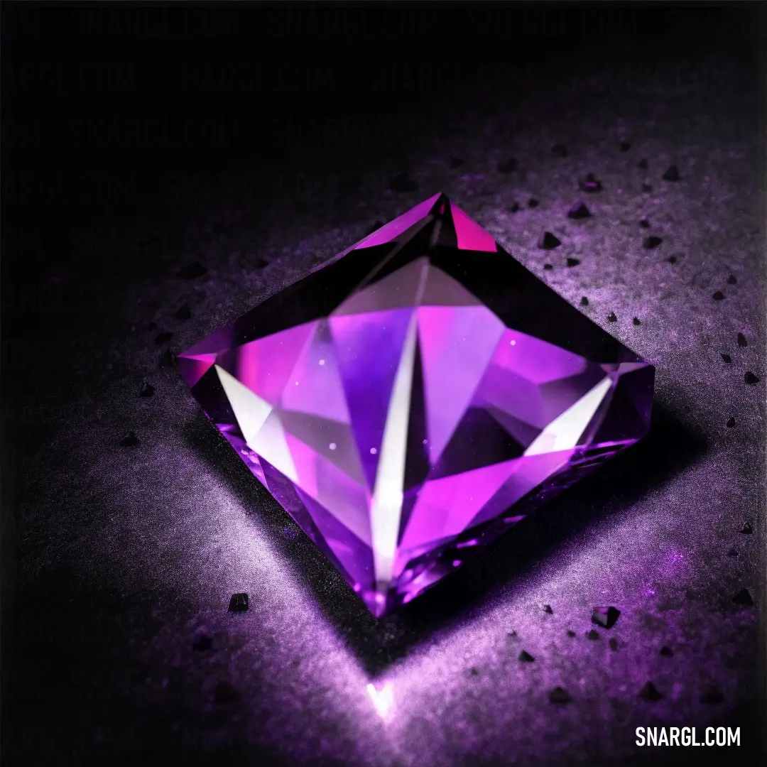 Purple diamond on top of a table next to a black background with a white stripe on it