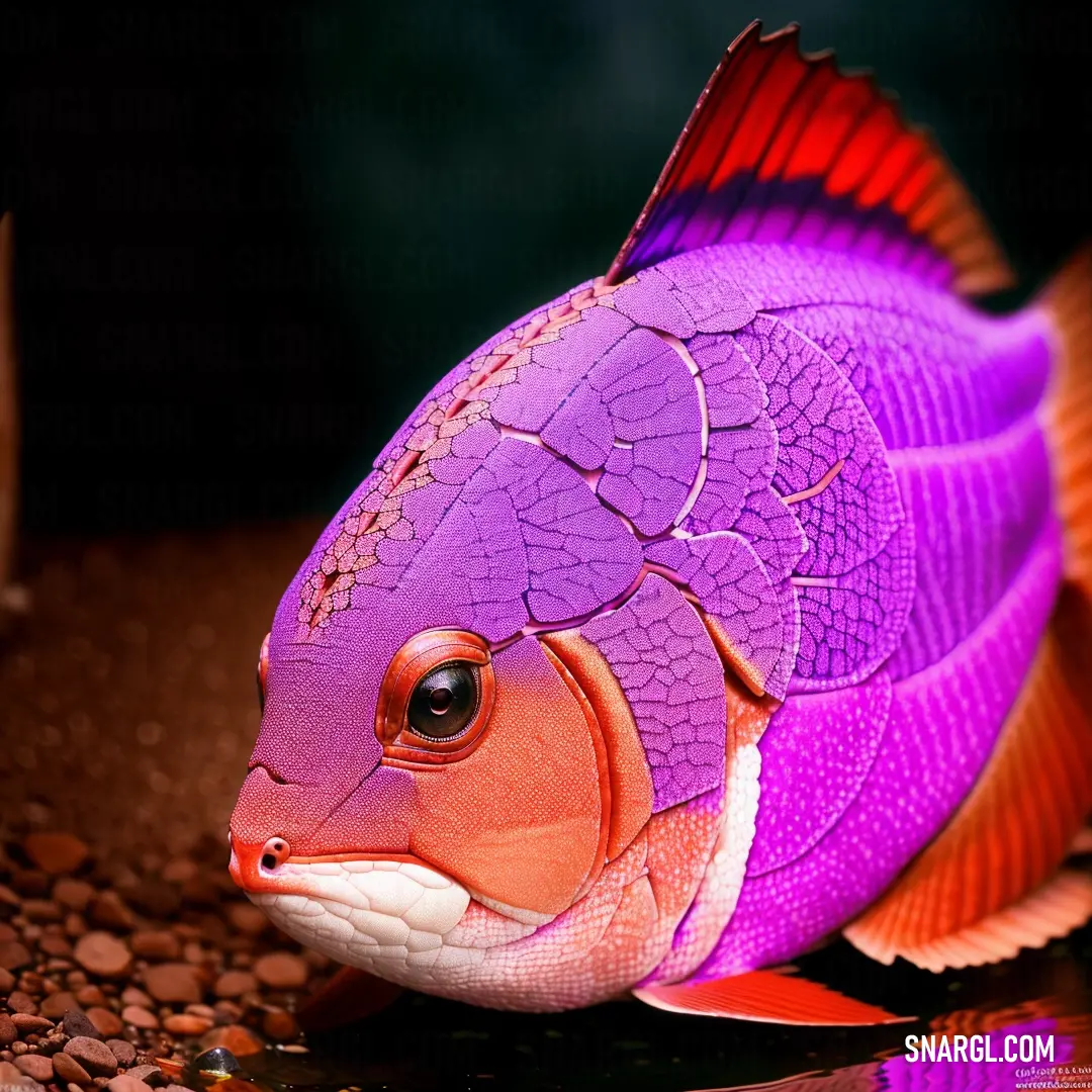 Purple fish with a red stripe around its eyes and a black background with a few brown dots around it