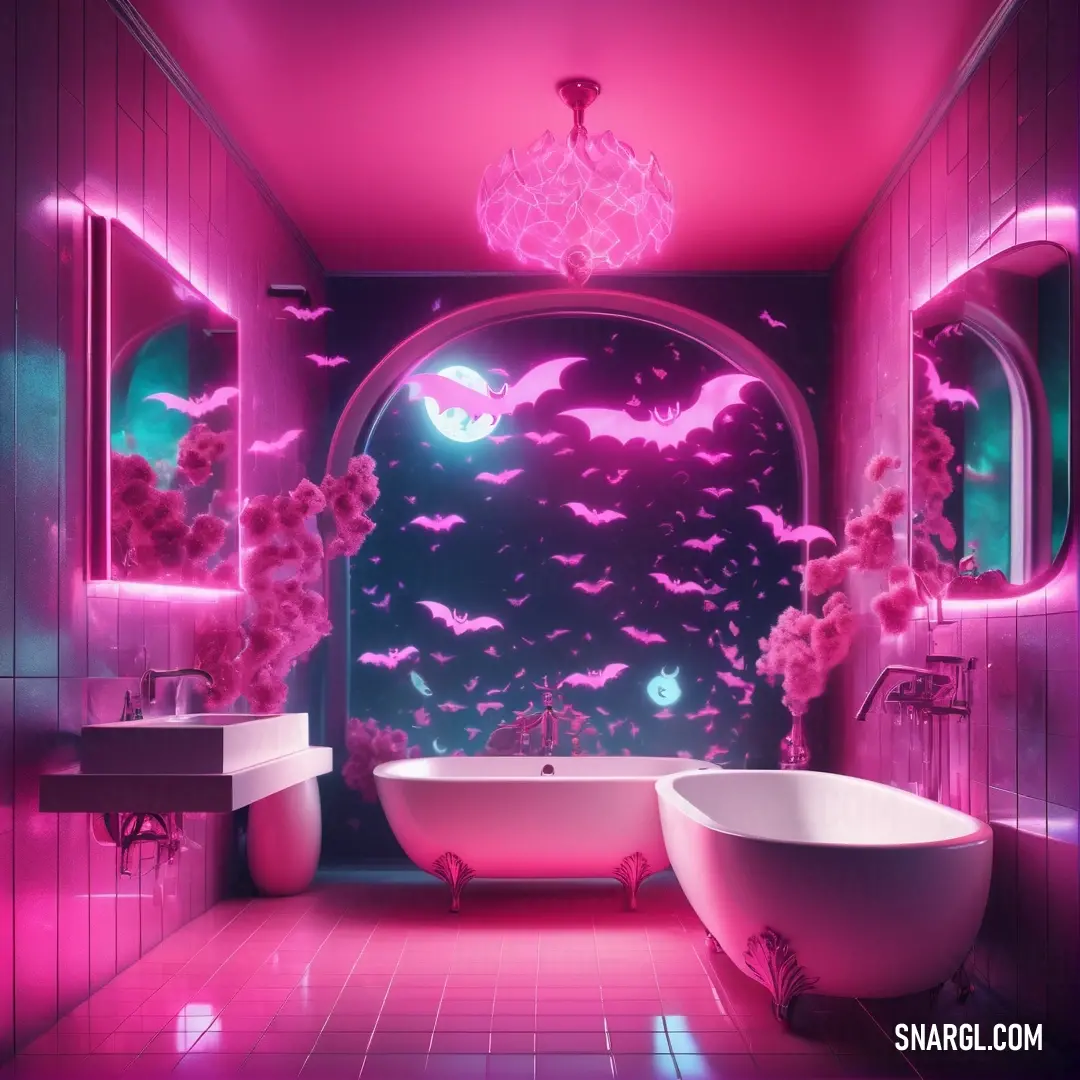 Bathroom with a bathtub and a sink and a mirror with a sky view of the sky and clouds. Example of Vivid cerise color.