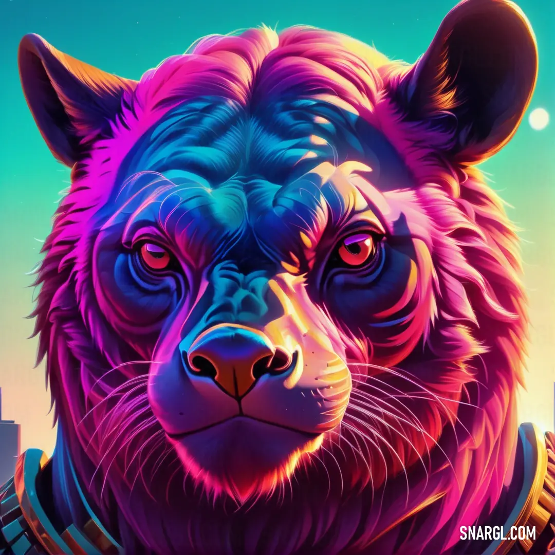 Bear with a collar on its neck and a city in the background. Example of Vivid cerise color.