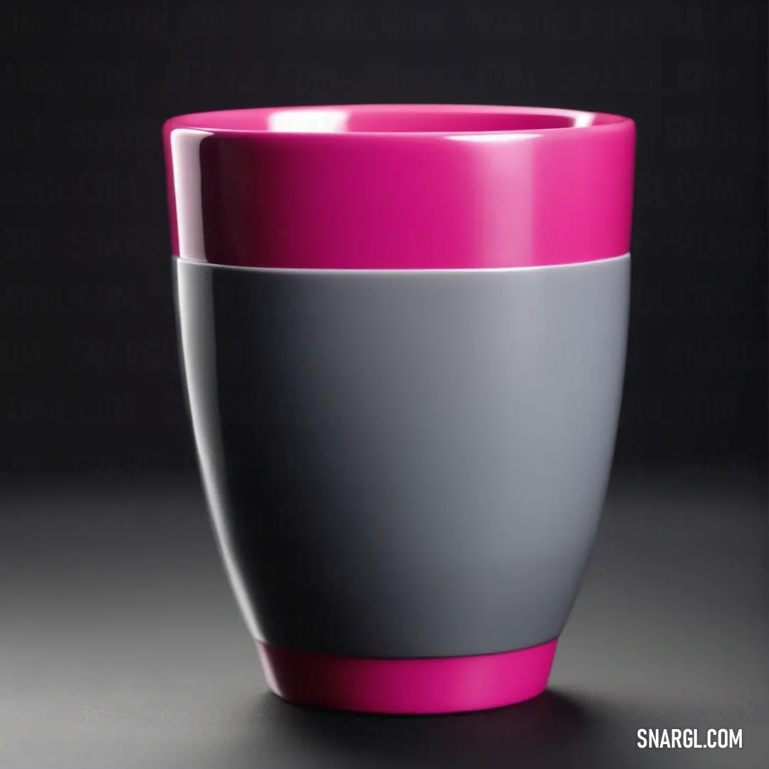 Vivid cerise color example: Cup with a pink rim and a gray cup with a pink rim on a dark background
