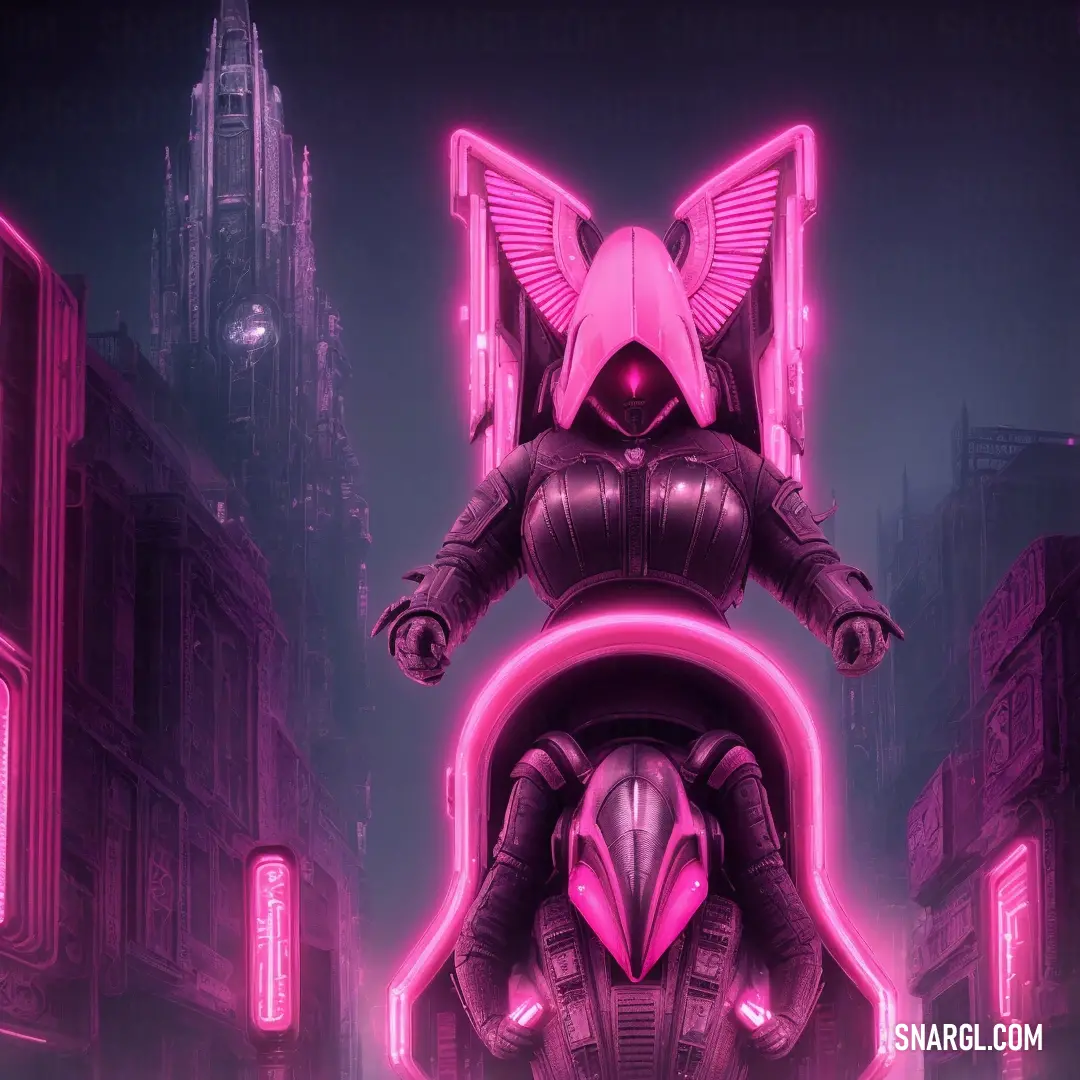 Futuristic alien with a pink neon light on its face and a pink helmet on his head. Color CMYK 0,87,41,15.