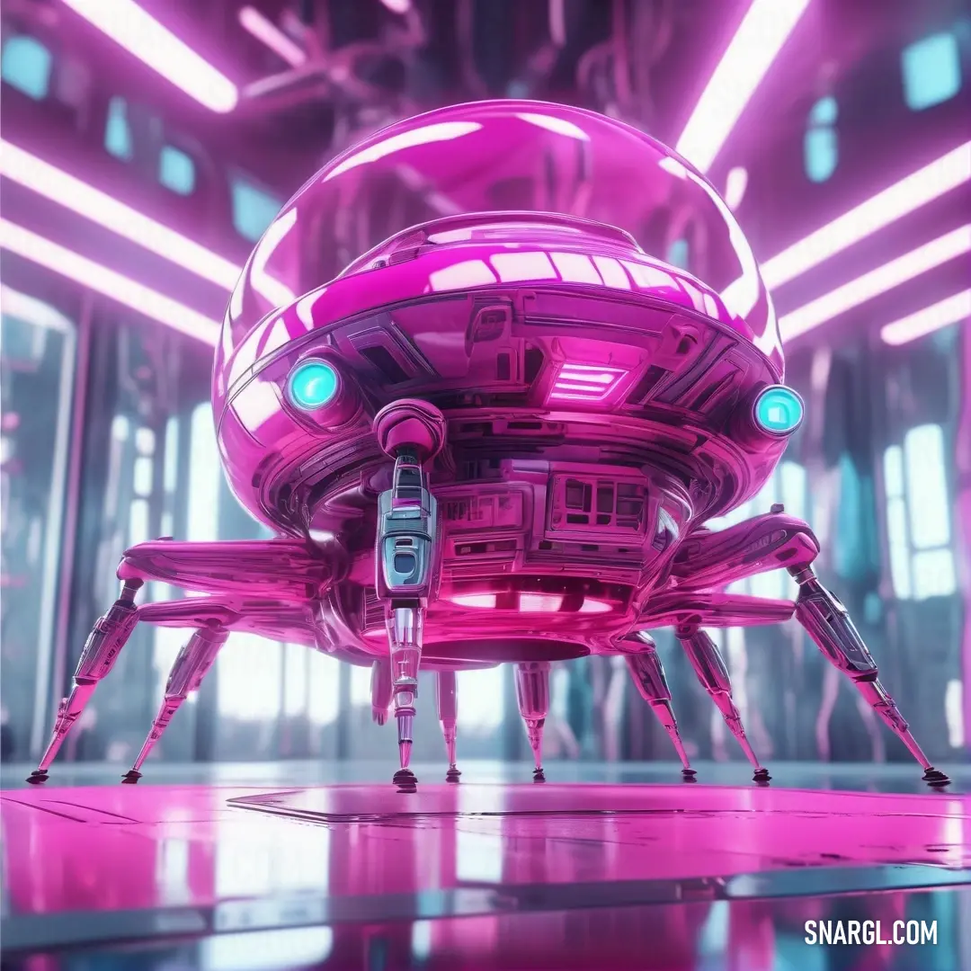 Vivid cerise color example: Futuristic pink building with a large spider crawling on it's side in a futuristic setting with neon lights