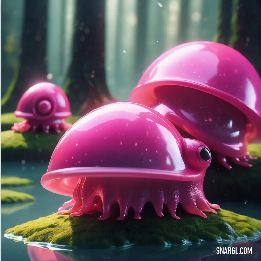 Vivid cerise color. Group of pink jellyfishs floating in a pond of water with moss on the ground and trees in the background