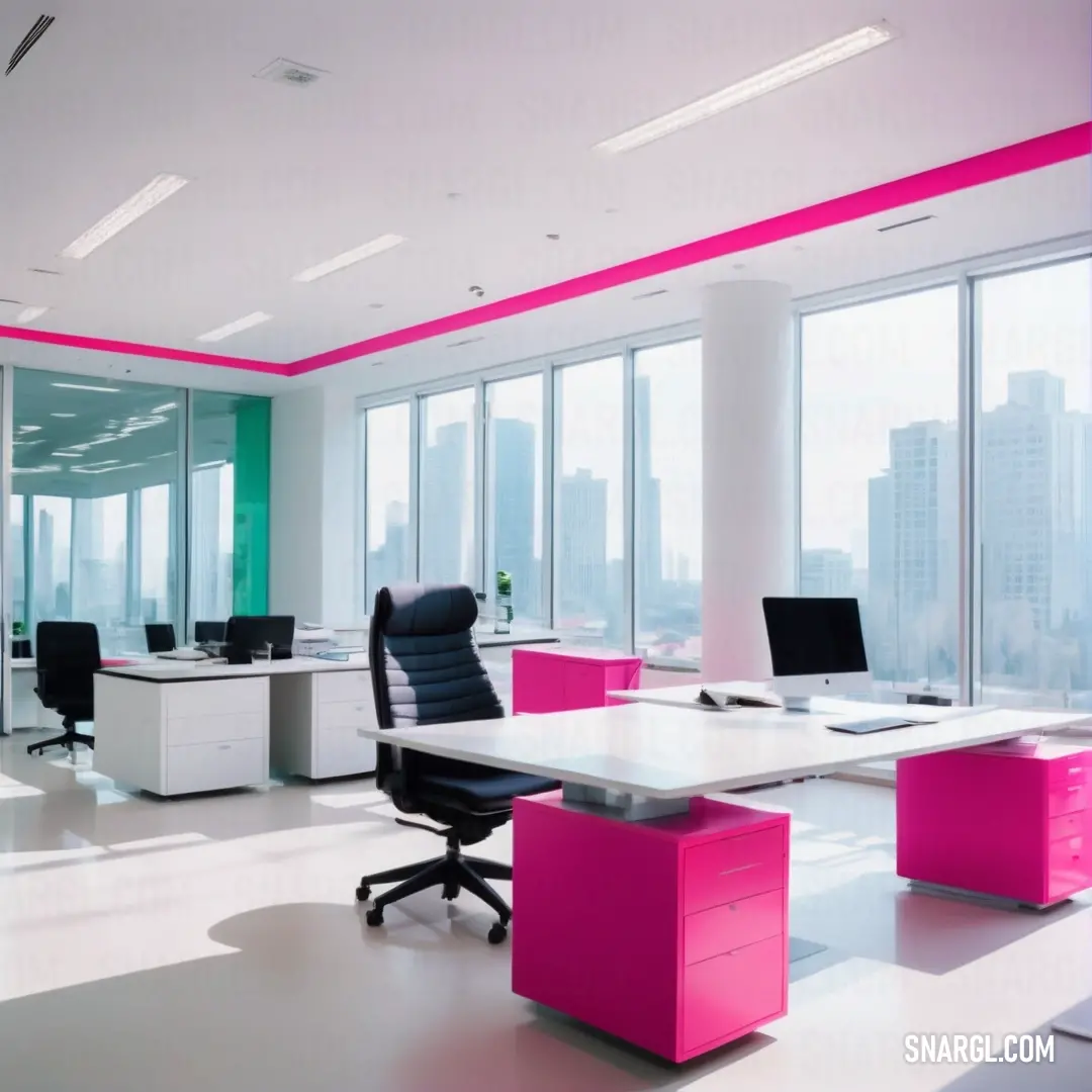 Large office with a pink and white desk and chairs and a large window with city view in the background. Color CMYK 0,87,41,15.