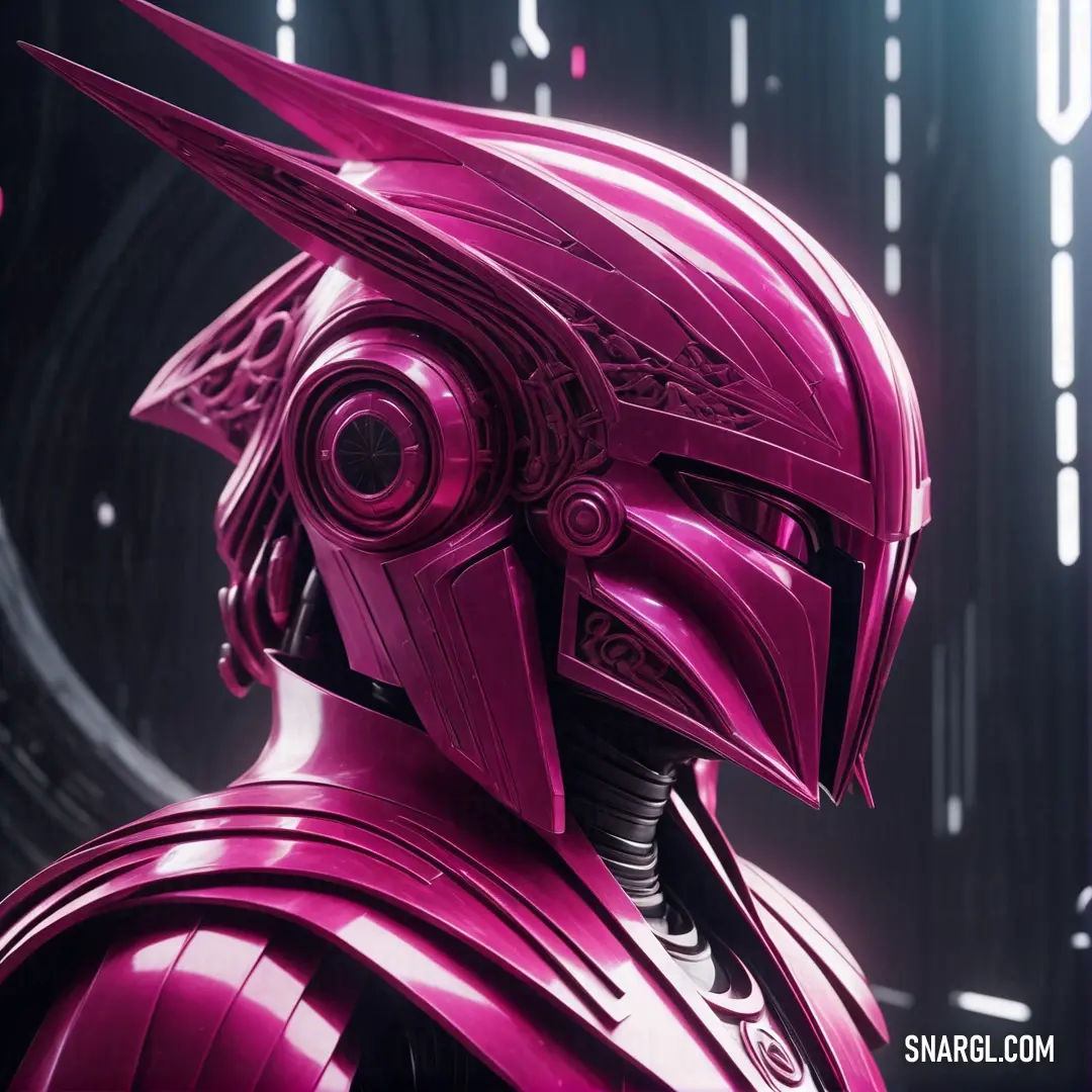 Pink helmeted character in a futuristic setting with a clock in the background. Color RGB 218,29,129.