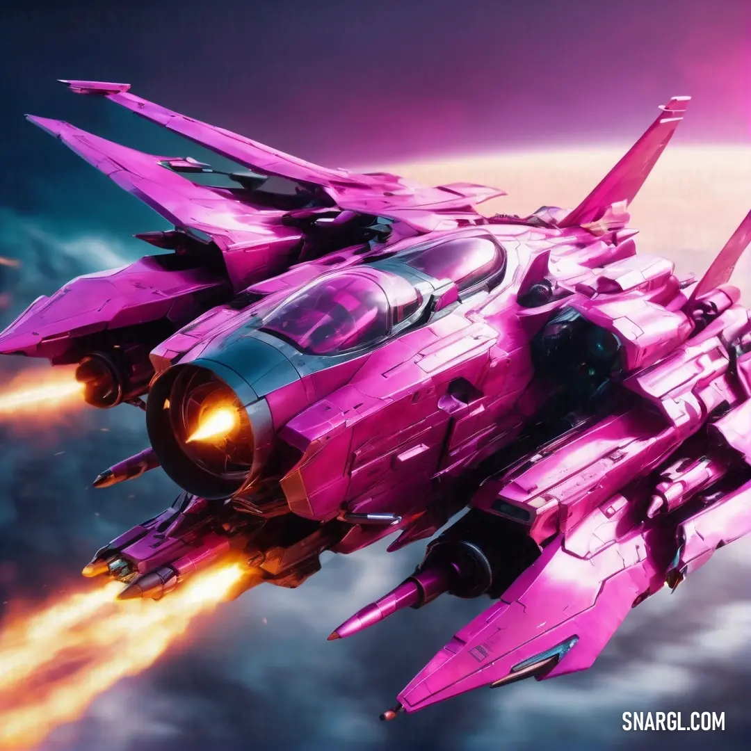 Vivid cerise color. Pink jet flying through the air with a bright light on its side and a purple background