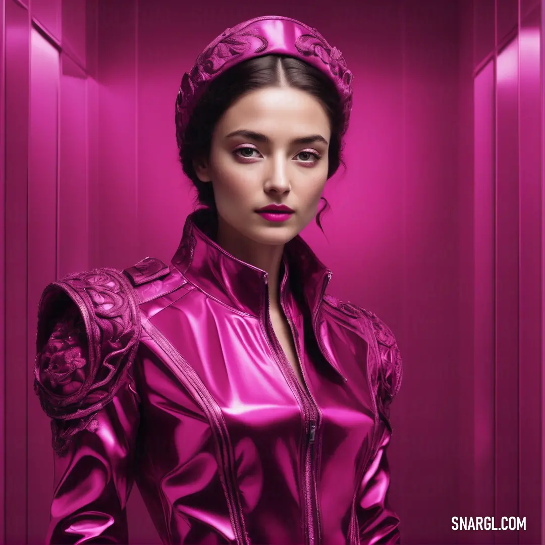Woman in a pink leather outfit standing in a room with a pink wall and a pink background with a pink light. Color #DA1D81.