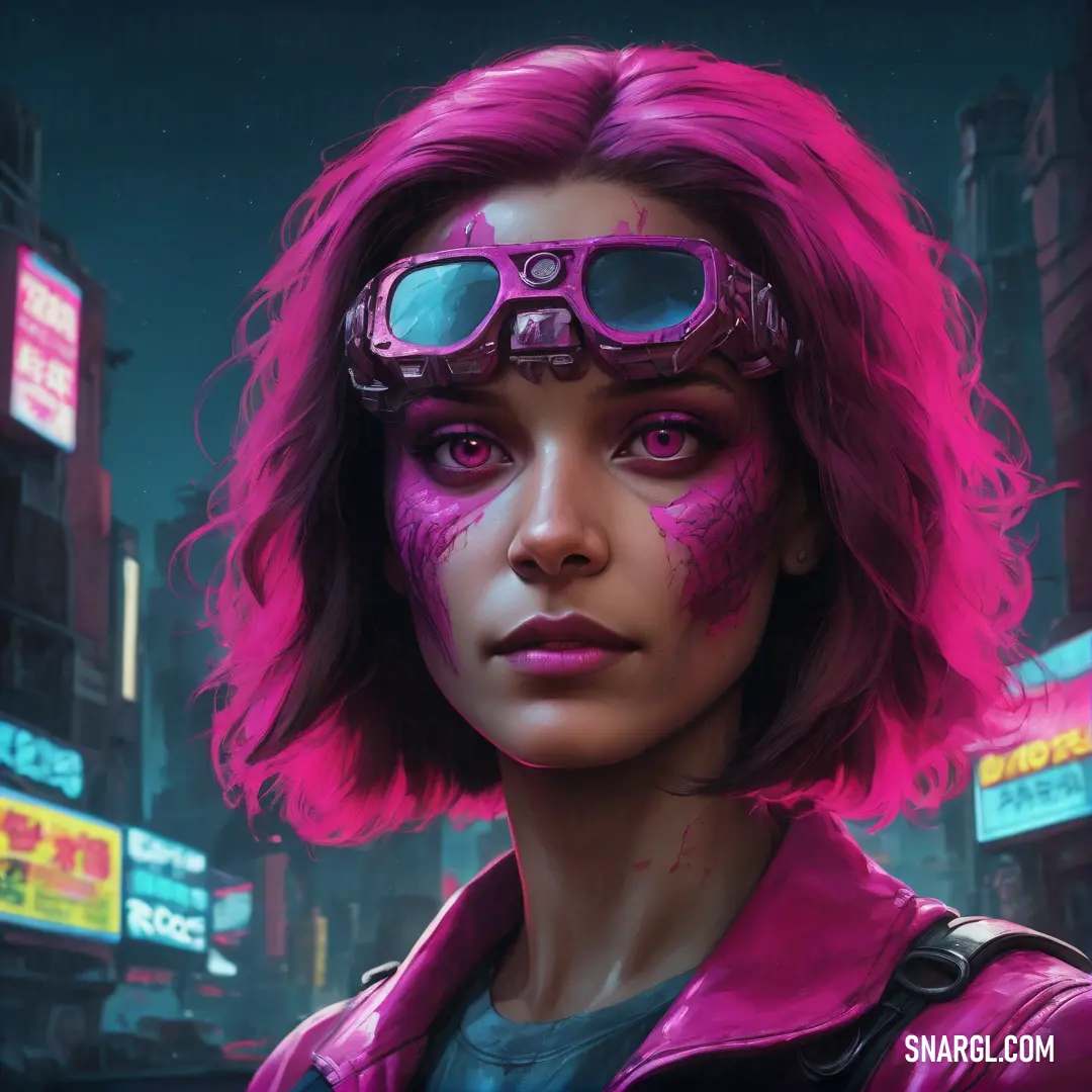 Woman with pink hair and goggles on her face in a city at night with neon signs. Example of #DA1D81 color.