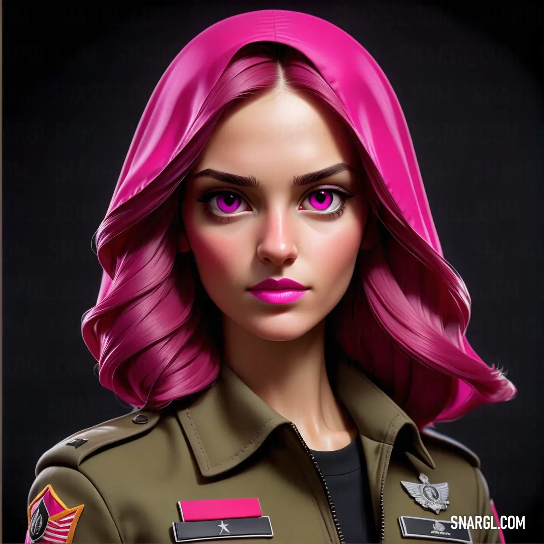 Woman with pink hair and a uniform on is looking at the camera with a serious look on her face. Color #DA1D81.