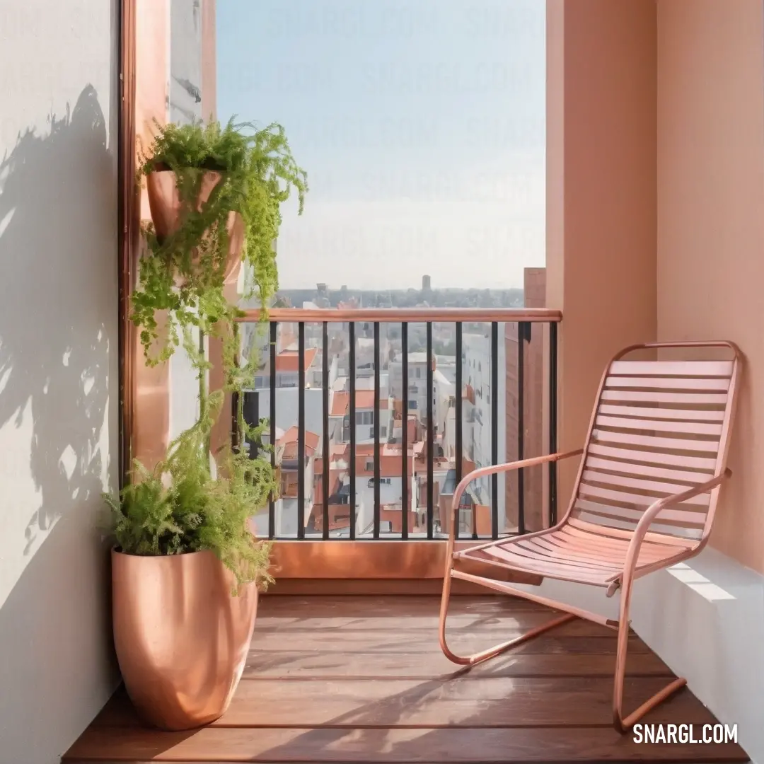 Balcony with a chair and a potted plant on it and a balcony railing with a view of a city. Example of CMYK 0,37,46,0 color.