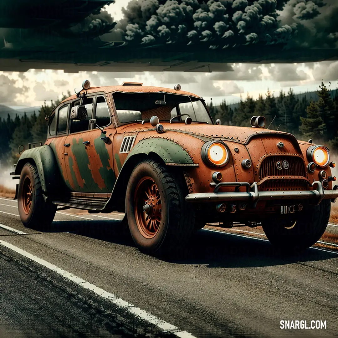 Car with a camouflage paint job driving down a road with a forest in the background and a dark cloud in the sky
