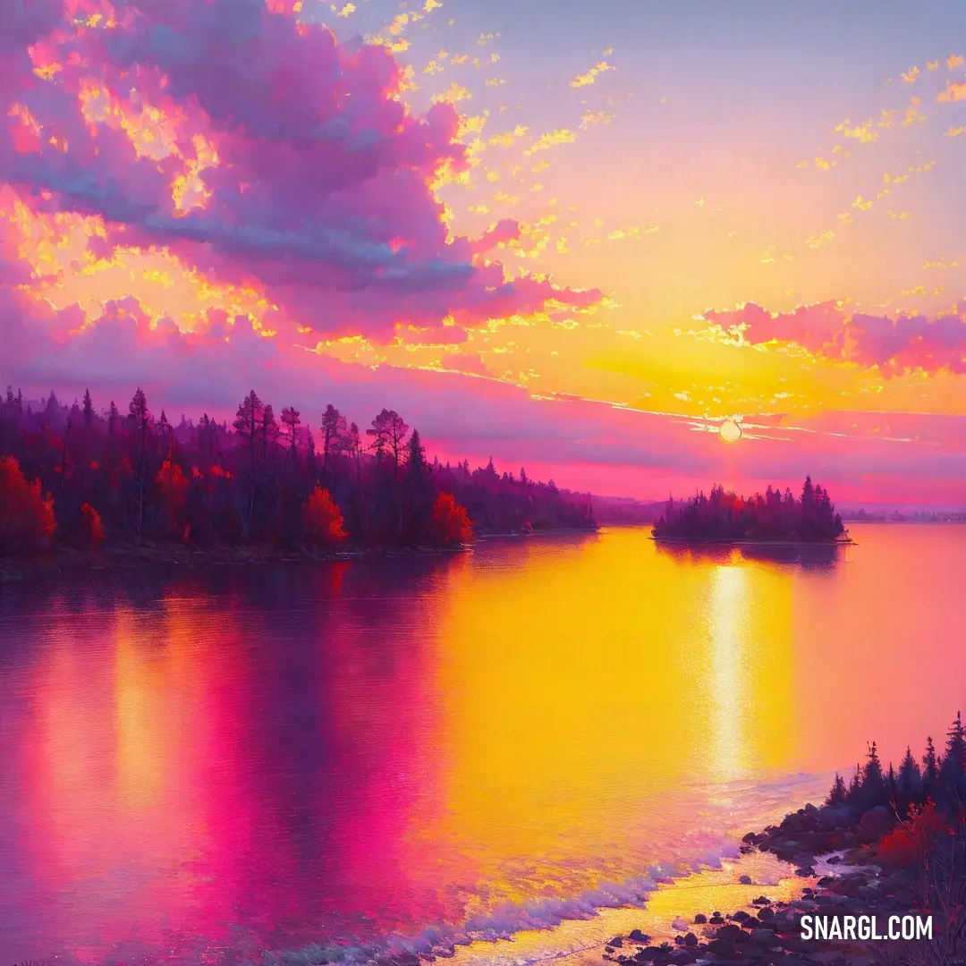 Painting of a sunset over a lake with trees and a beach in the foreground and a pink sky