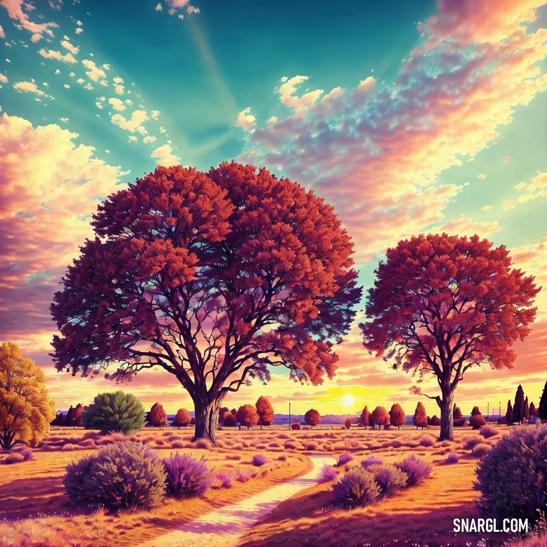 Painting of a sunset with trees and a path leading to a field with flowers and bushes on either side