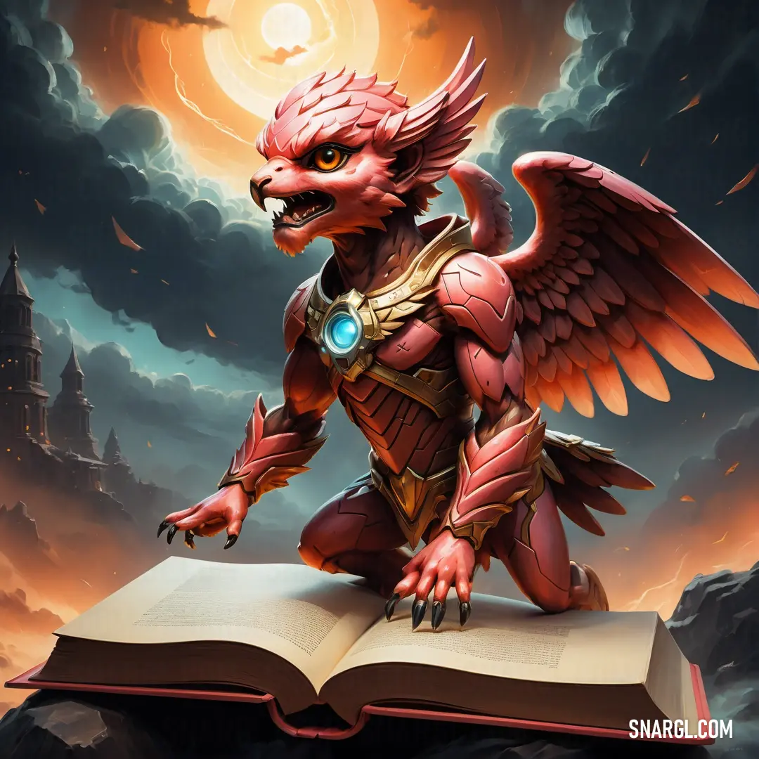 Red dragon with wings is standing on a book