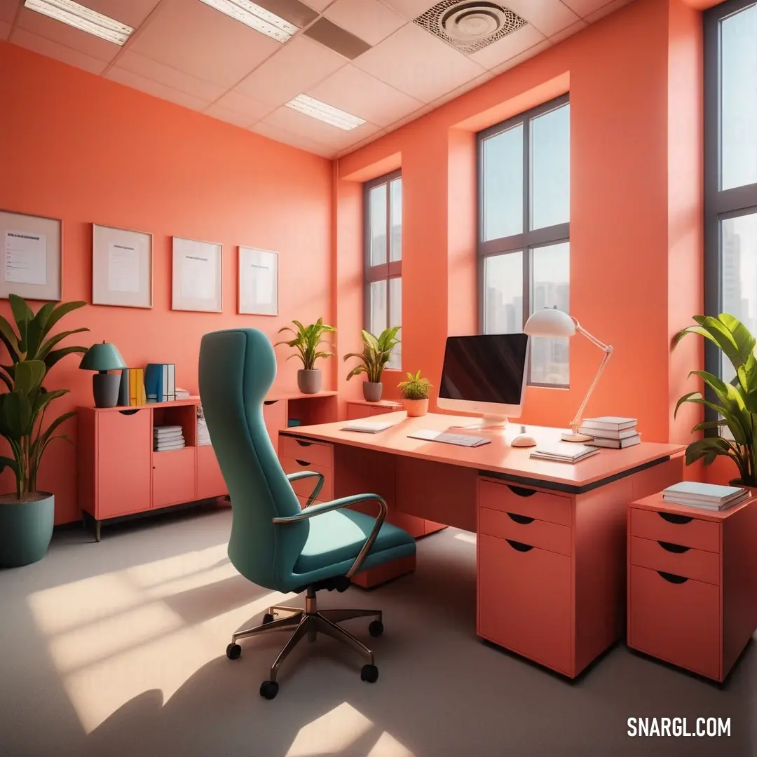 Vivid tangerine color example: Desk with a computer and a chair in a room with a window and a plant in the corner