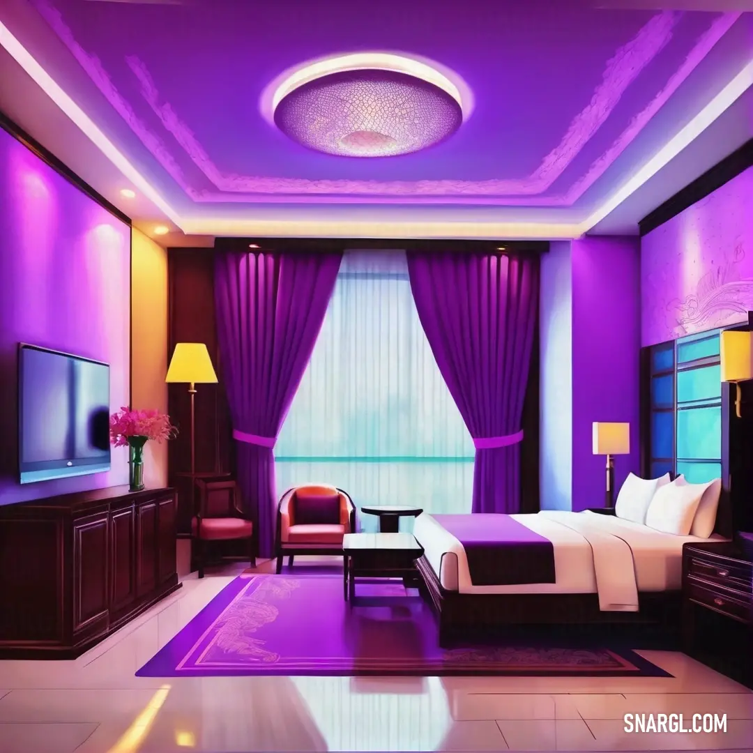 Vivid violet color. Bedroom with purple lighting and a large bed in the middle of the room with a purple rug on the floor