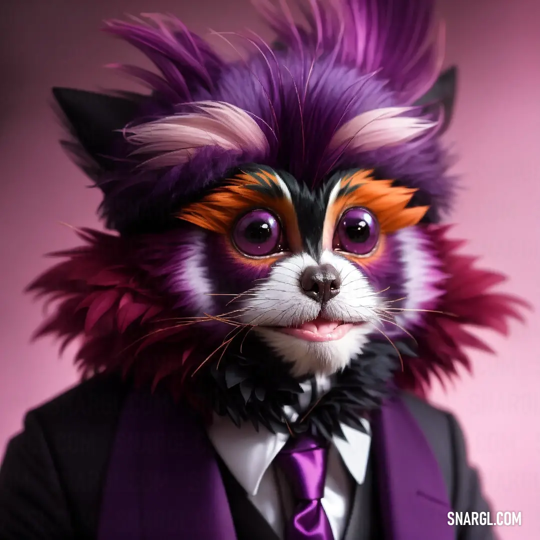 Cat with a suit and tie on it's head and purple hair and eyes