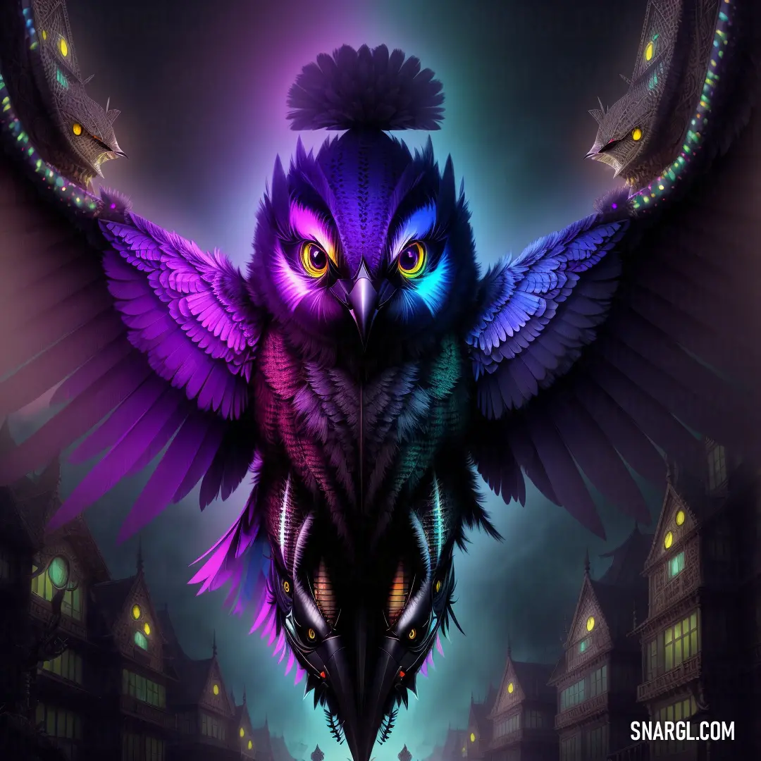Colorful owl with glowing eyes and wings is standing in front of a building with a clock tower in the background