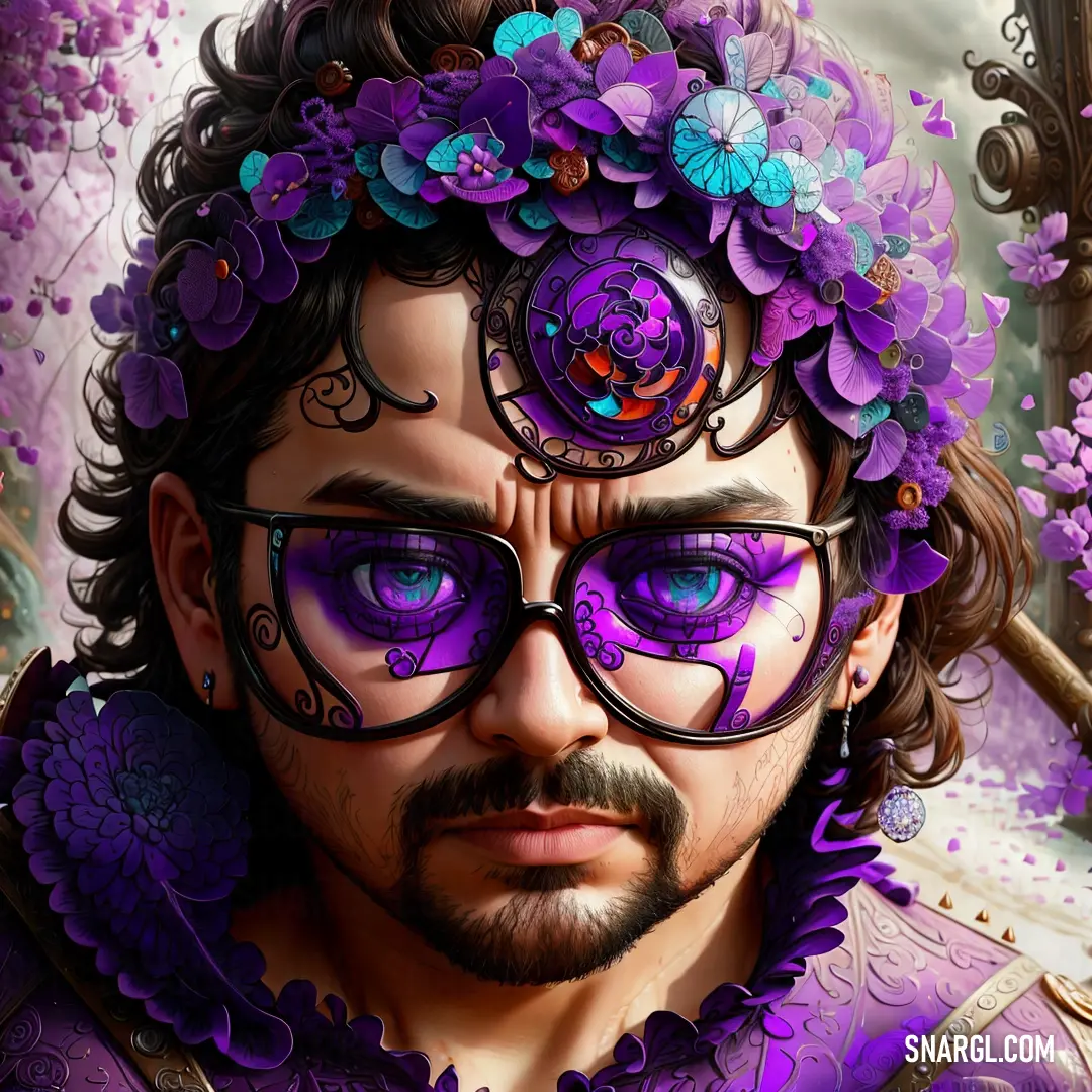 Man with purple glasses and a purple flower in his hair and a purple flower in his hair