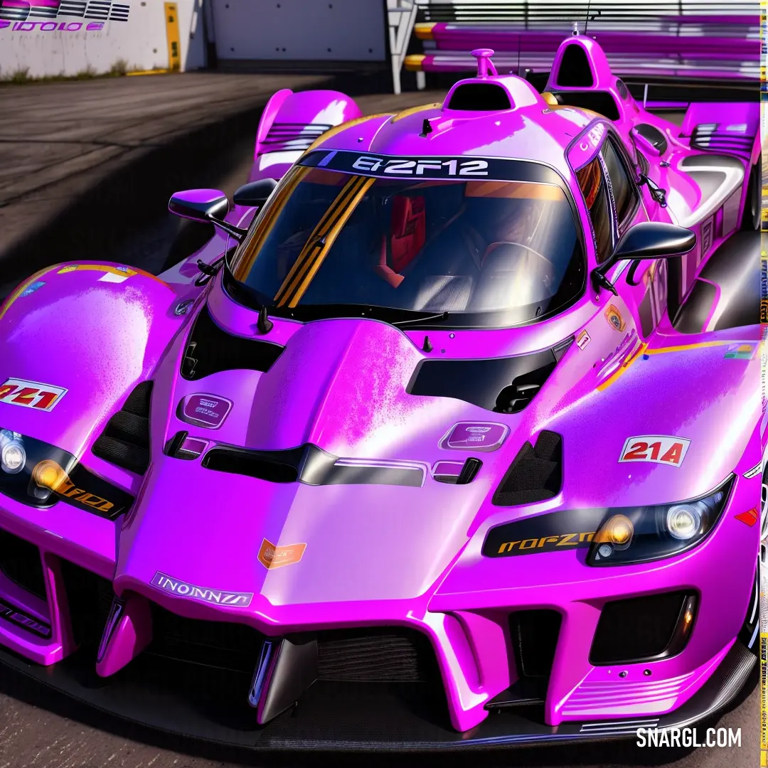 Pink race car driving down a race track with a yellow line on the side of it's front