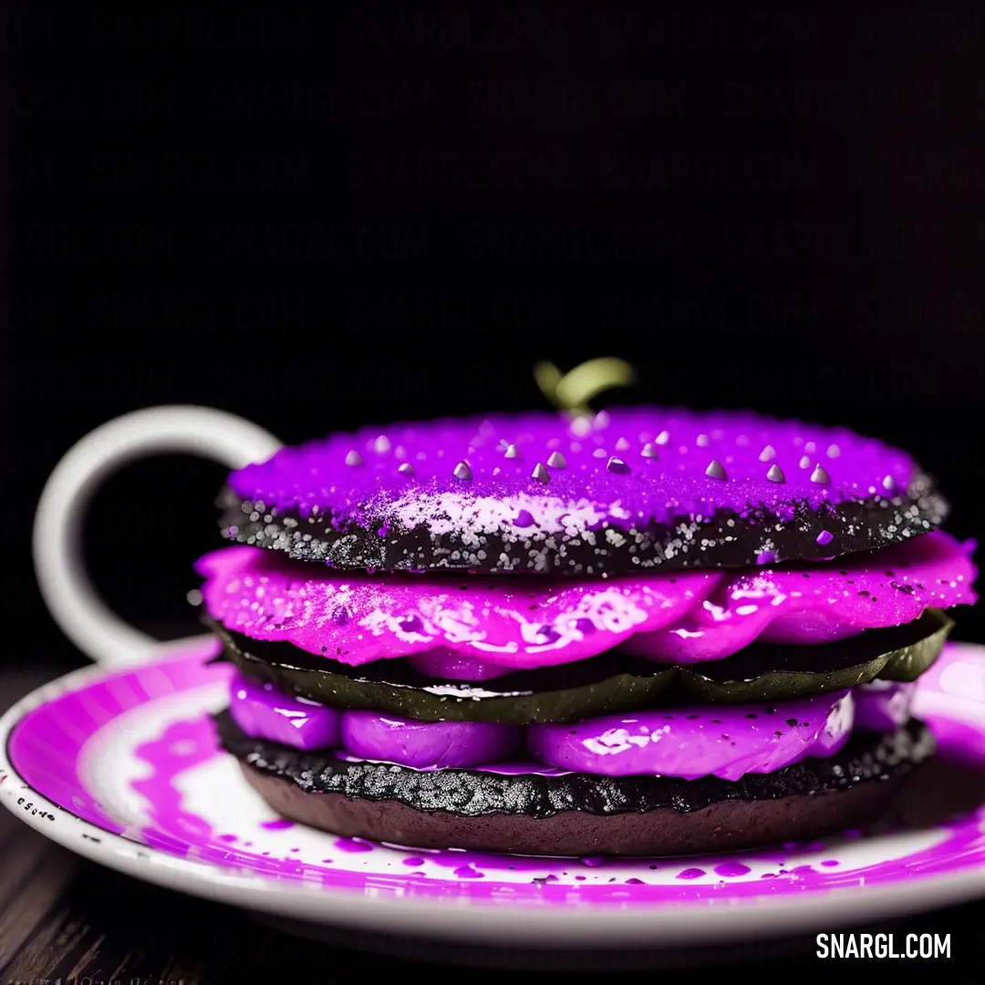 Purple and black dessert on a plate with a cup of coffee in the background
