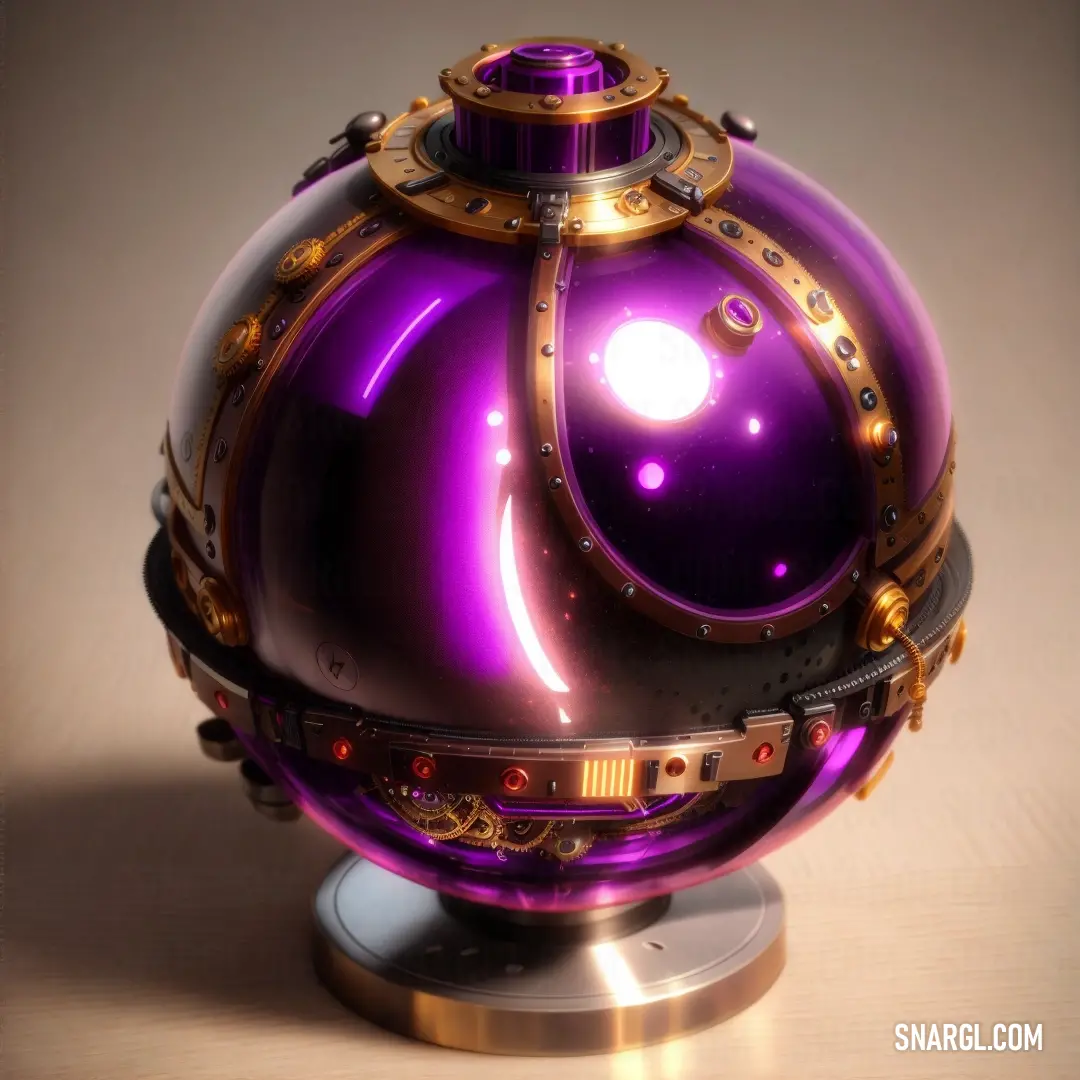 Purple ball with a gold rim on a stand on a table top with a light shining through it