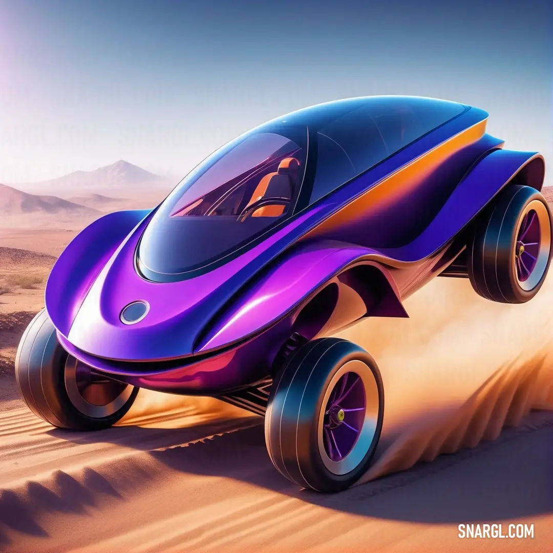 Purple car is driving through the desert sand dunes and sand dunes, with mountains in the background. Color #9F00FF.