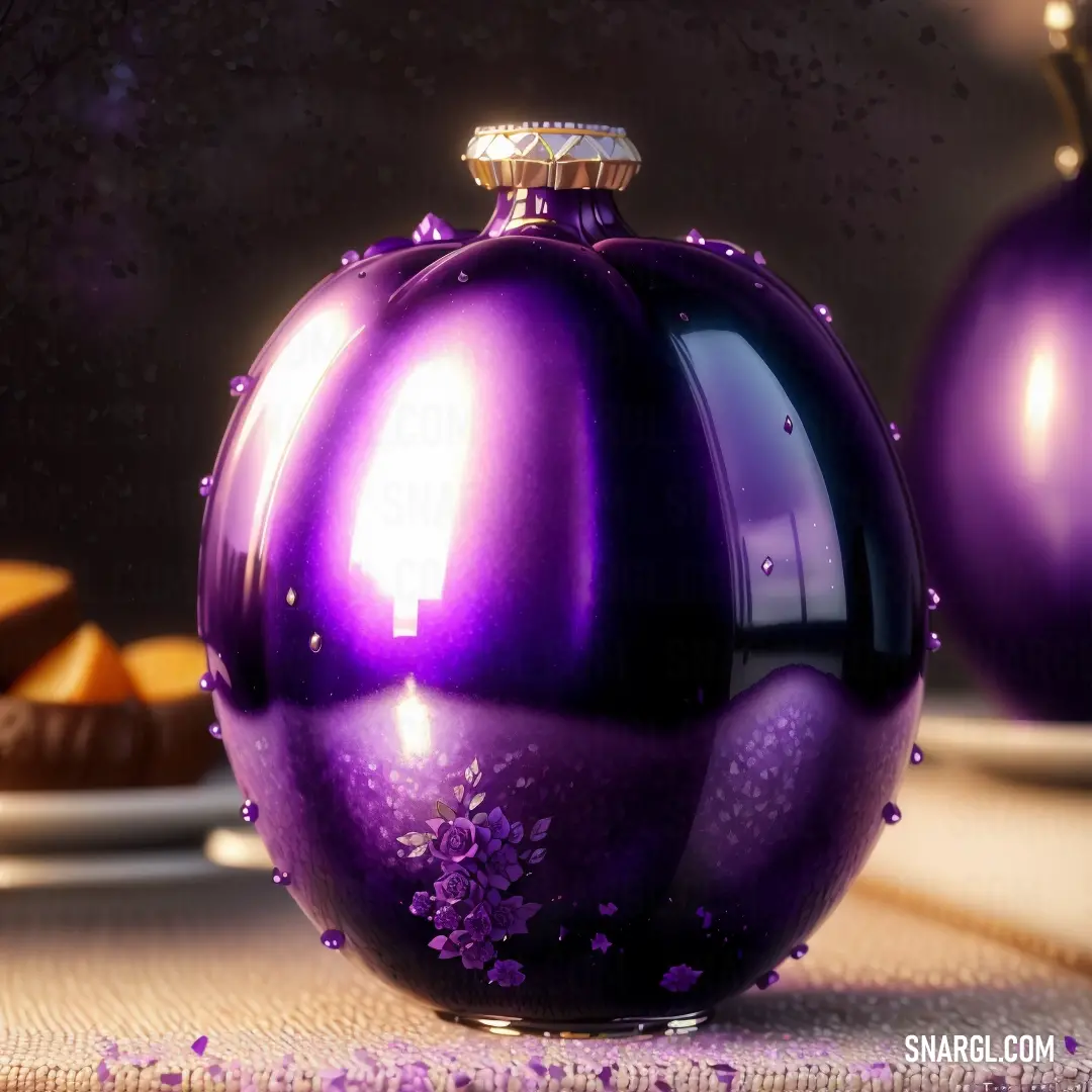 Purple glass ornament on top of a table next to a plate of food and a bowl of fruit