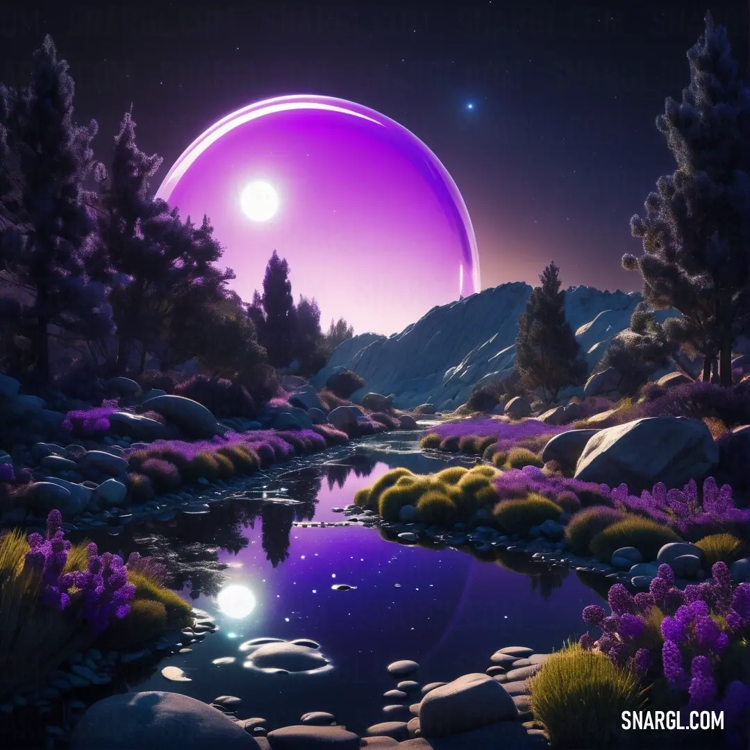 Purple landscape with a pond and trees in the foreground and a distant purple moon in the background. Color Vivid violet.
