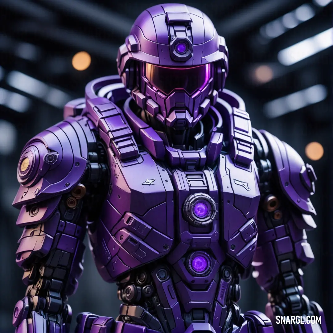 Purple robot is standing in a room with lights on it's sides and a helmet on his head. Example of RGB 159,0,255 color.
