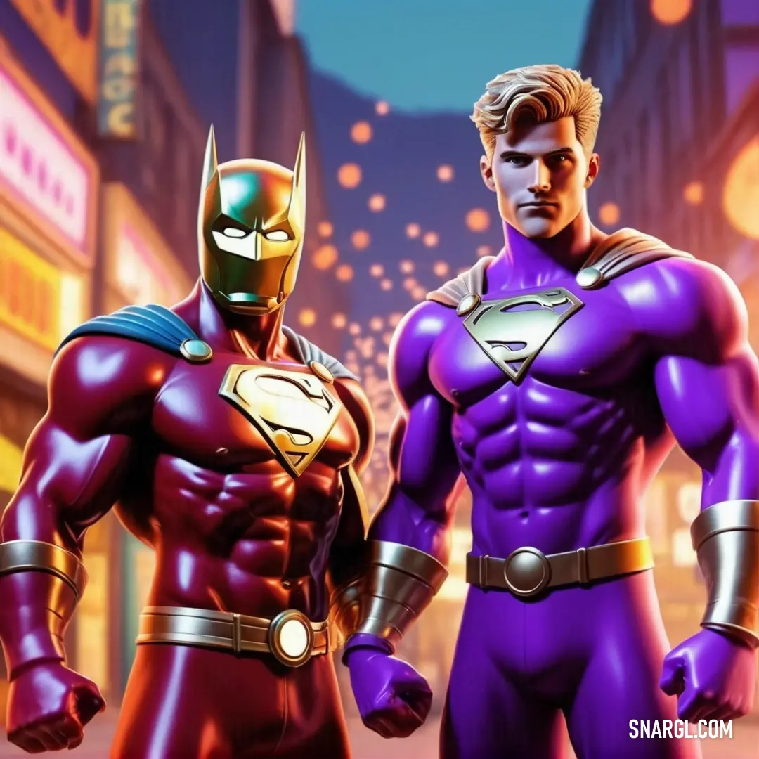 Two superheros standing next to each other in a city at night time with lights on and buildings in the background