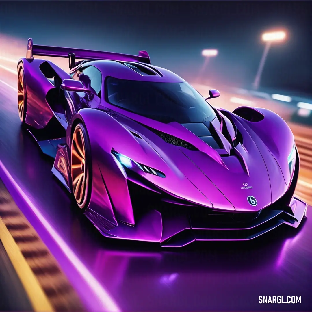 Vivid violet color. Purple sports car driving down a road at night time with lights on the side of it