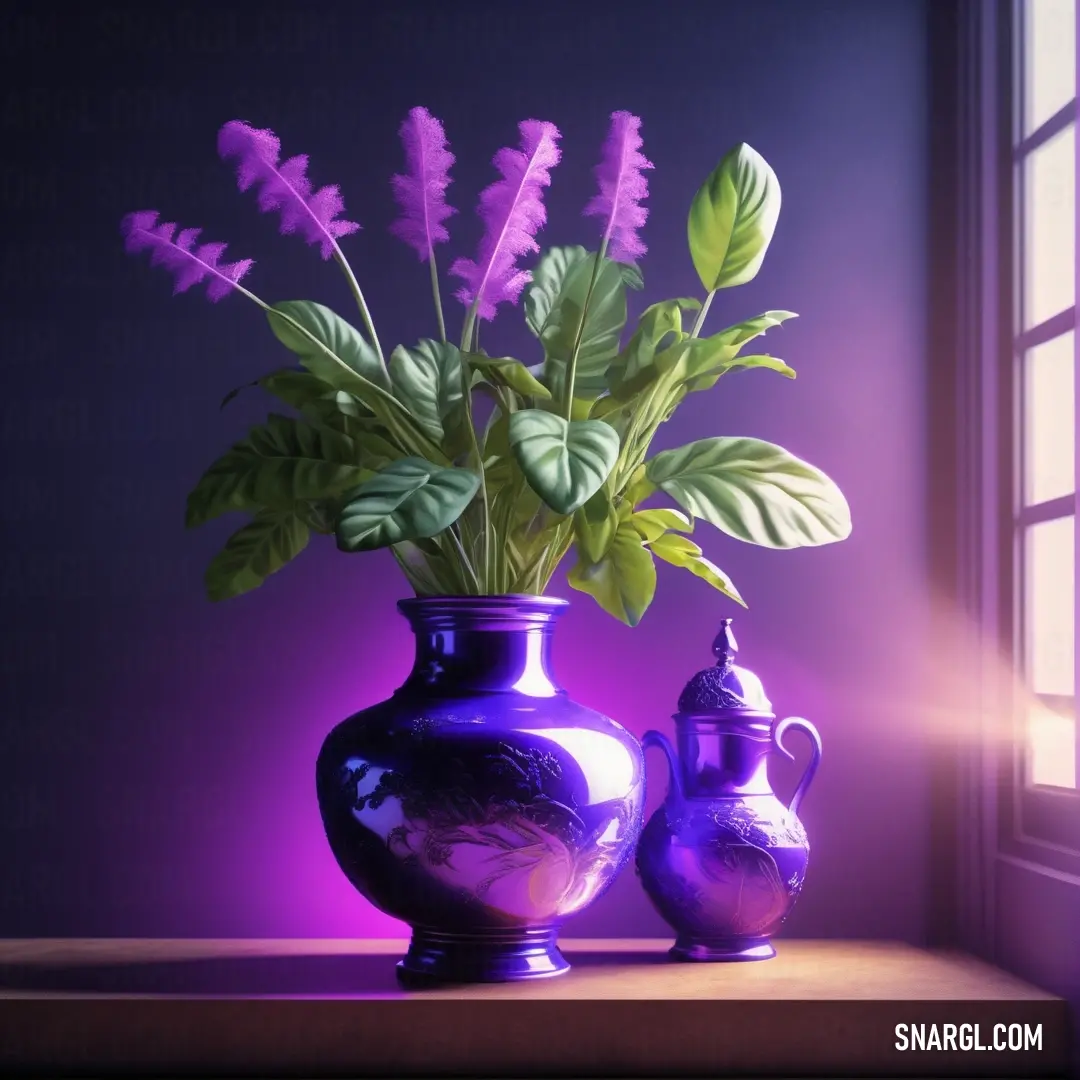 Purple vase with a plant in it and a purple vase. Color Vivid violet.
