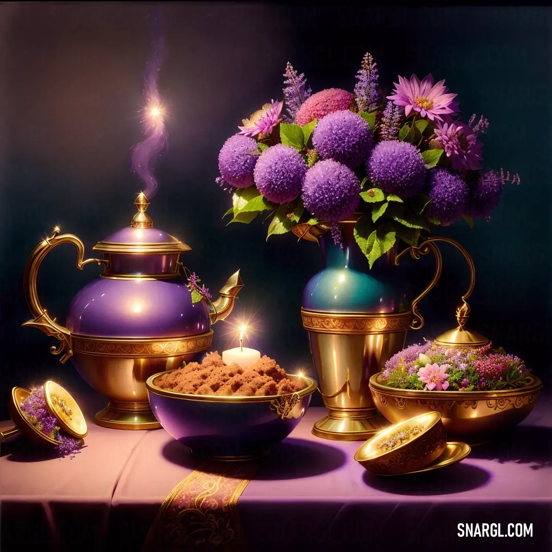 Vivid violet color example: Table topped with purple flowers and gold dishes filled with food and a lit candle in the middle of the table