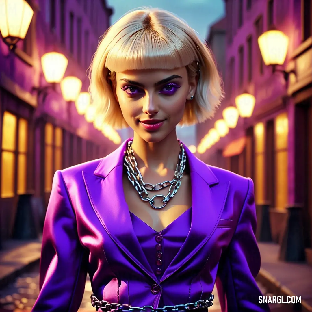 Woman in a purple suit and chain necklace standing in a street at night with a street light in the background. Example of Vivid violet color.