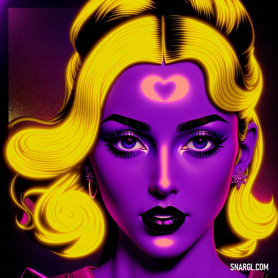 Vivid violet color example: Woman with a heart shaped nose and yellow hair and a purple background with a pink heart on her forehead