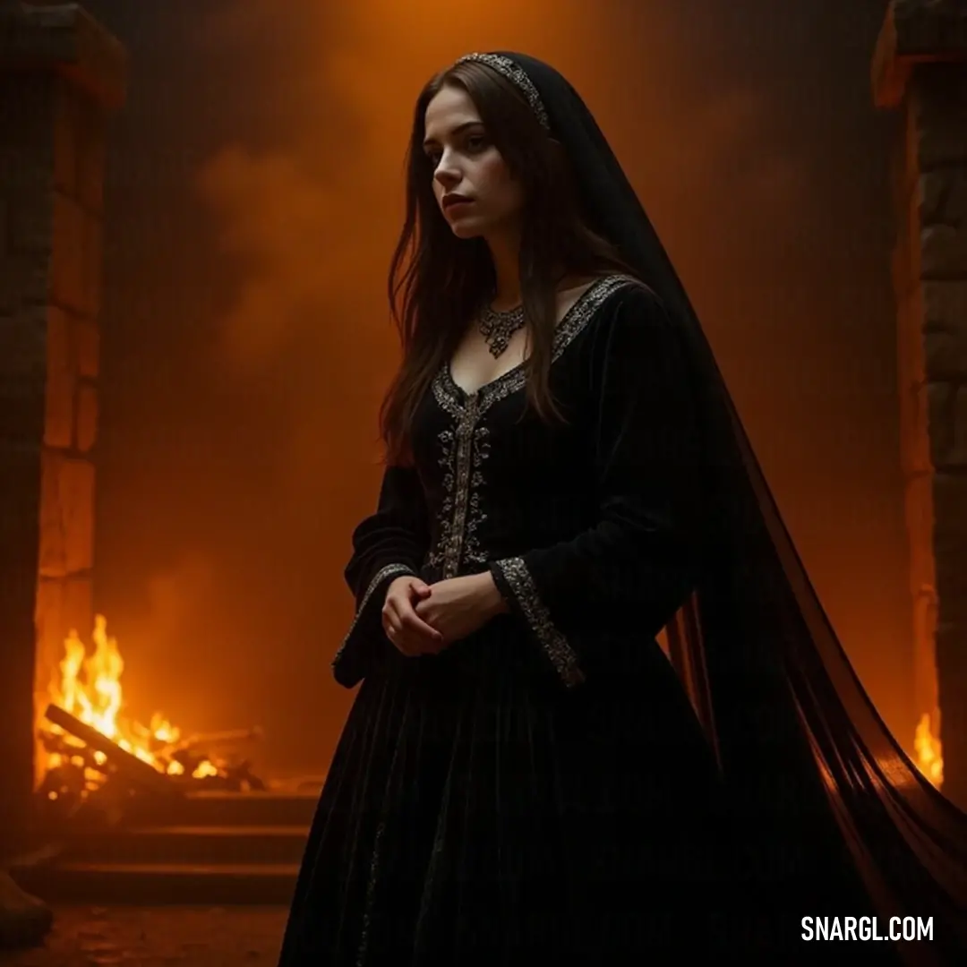 A hauntingly beautiful depiction of a woman surrounded by flames, her veil dancing in the heat as she stands poised in her elegant black attire. A mesmerizing scene featuring a woman in a flowing black dress, standing powerfully before a crackling fire, her face partially obscured by a delicate veil that flutters gently in the warm breeze.
