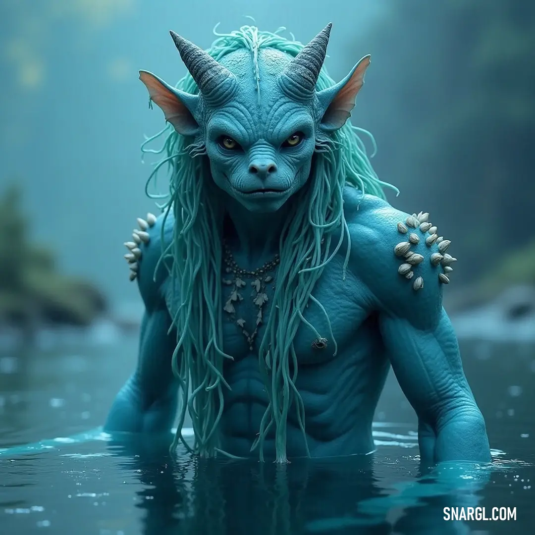 A regal Vodyanoi submerged in the tranquil waters, showcasing its ethereal horns and ornate necklace, a testament to its mystic heritage. This enigmatic Vodyanoi reclines in the crystal-clear water, adorned with intricate jewelry. Its long horns rise majestically, exuding an air of regality while emanating a sense of ancient wisdom.