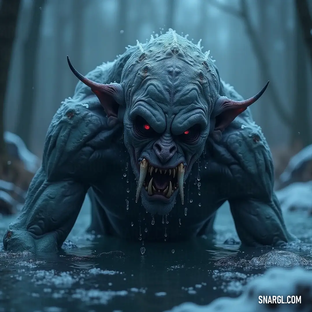 The mesmerizing Vodyanoy, with its demon-like visage and striking red eyes, rises from the frigid depths, creating a hauntingly beautiful winter tableau. A fierce Vodyanoy, with striking red eyes and an otherworldly face, emerges from icy waters, its mouth half-open, amid a cascade of snowflakes, creating a darkly enchanting scene.